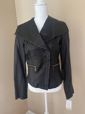 New MICHAEL KORS Leather Jacket fitted Collar Zipper Detail